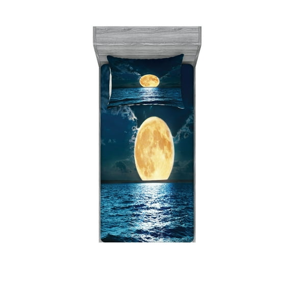 Ambesonne Ocean Fitted Sheet & Pillow Sham Set, Magic Super Moon Design, Twinxl, Yellow Navy