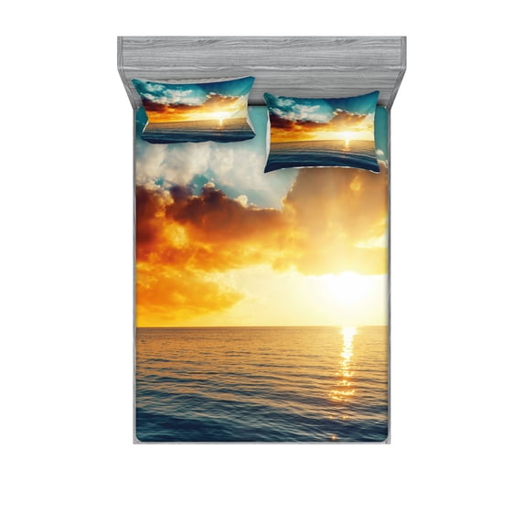 Ambesonne Ocean Fitted Sheet & Pillow Sham Set, Majestic Sunset over Sea, Full, Turquoise Orange Blue