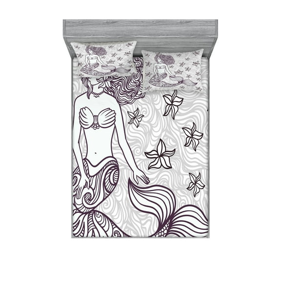 Ambesonne Ocean Fitted Sheet & Pillow Sham Set, Mermaid with Wave, Queen, Grey