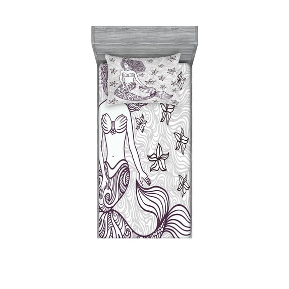 Ambesonne Ocean Fitted Sheet & Pillow Sham Set, Mermaid with Wave, Twin, Grey