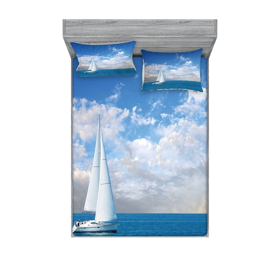 Ambesonne Ocean Fitted Sheet & Pillow Sham Set, Modern Sail Boat on Sea, Queen, Sky Blue and White