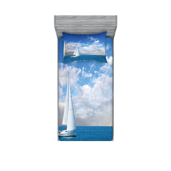 Ambesonne Ocean Fitted Sheet & Pillow Sham Set, Modern Sail Boat on Sea, Twin, Sky Blue and White