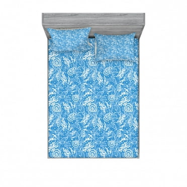 Ambesonne Ocean Fitted Sheet & Pillow Sham Set, Monochrome Shells Corals, Queen, Azure Blue White