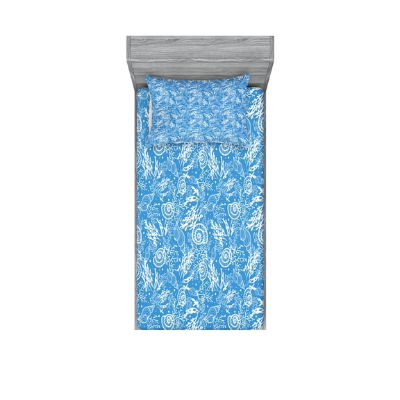 Ambesonne Ocean Fitted Sheet & Pillow Sham Set, Monochrome Shells Corals, Twin, Azure Blue White