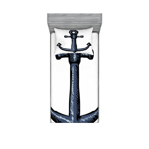 Ambesonne Ocean Fitted Sheet & Pillow Sham Set, Nautical Anchor Safety, Twinxl, Grey White