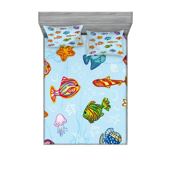 Ambesonne Ocean Fitted Sheet & Pillow Sham Set, Navy Nautical Life Sea, Queen, Multicolor