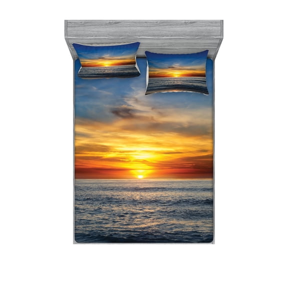 Ambesonne Ocean Fitted Sheet & Pillow Sham Set, Pacific California Sunset, Calking, Orange Blue
