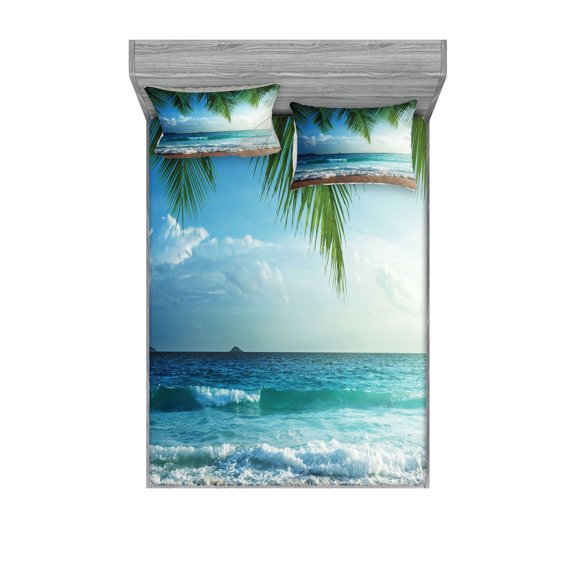Ambesonne Ocean Fitted Sheet & Pillow Sham Set, Palms Tropical Island, Full, Green and Blue