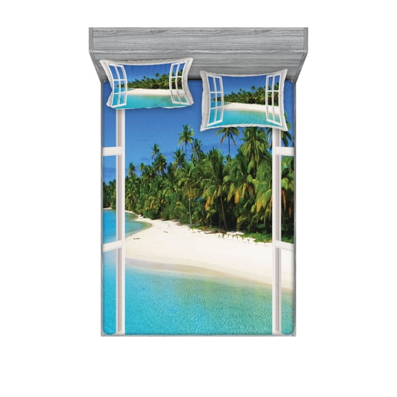 Ambesonne Ocean Fitted Sheet & Pillow Sham Set, Paradise Island Palm Tree, Full, White Green Blue