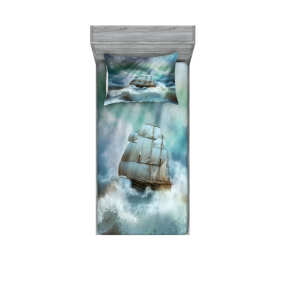 Ambesonne Ocean Fitted Sheet & Pillow Sham Set, Pirate Ship on Wavy Sea, Twinxl, Blue Grey and White
