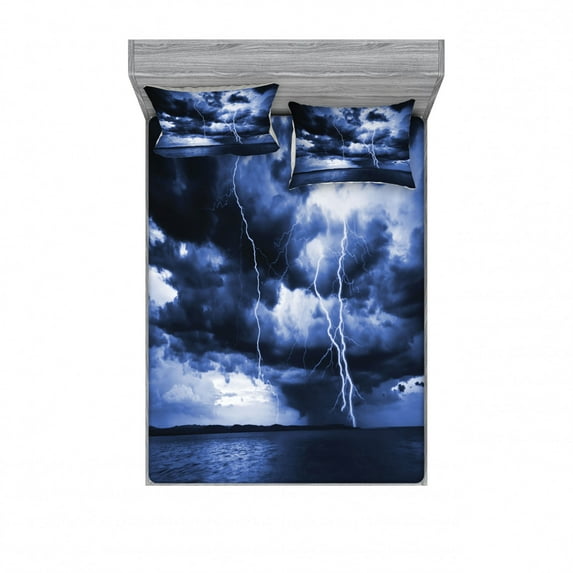 Ambesonne Ocean Fitted Sheet & Pillow Sham Set, Rain Clouds Storm Rays, Queen, Blue
