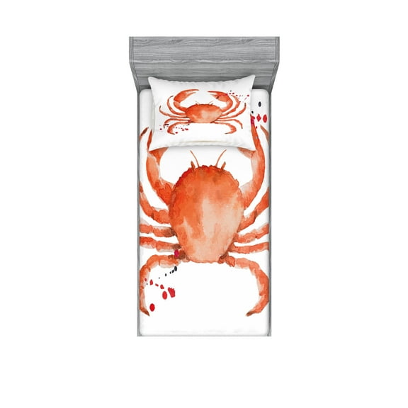 Ambesonne Ocean Fitted Sheet & Pillow Sham Set, Sea Animals Theme Crabs, Twin, Vermilion