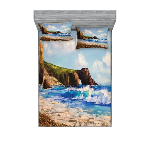 Ambesonne Ocean Fitted Sheet & Pillow Sham Set, Sea Coast by Beach Rock, Queen, Blue Brown White