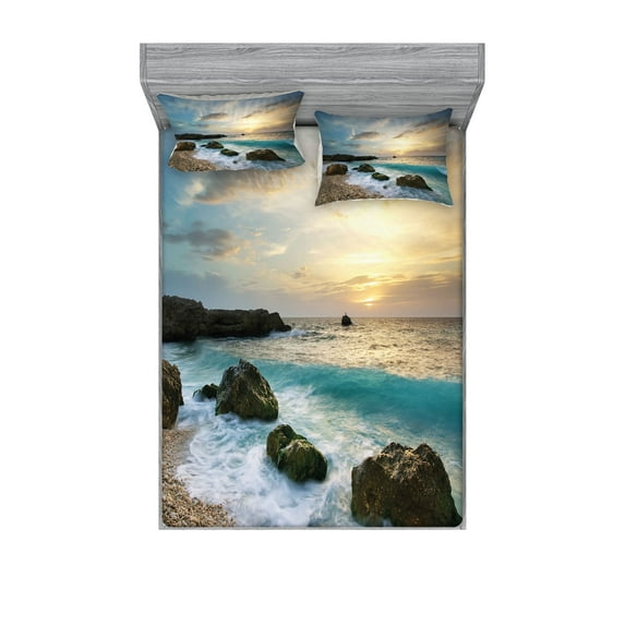 Ambesonne Ocean Fitted Sheet & Pillow Sham Set, Seascape Sunrise Waves, Queen, Brown Blue Yellow