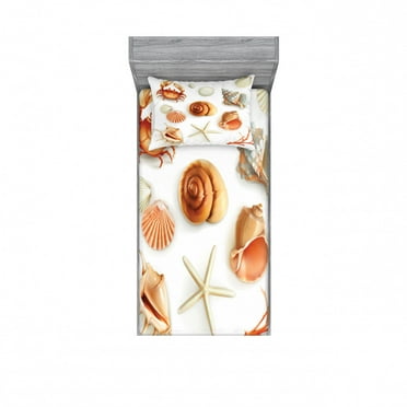 Ambesonne Ocean Fitted Sheet & Pillow Sham Set, Seashells Marine Aquatic, Twin, Tan Cream