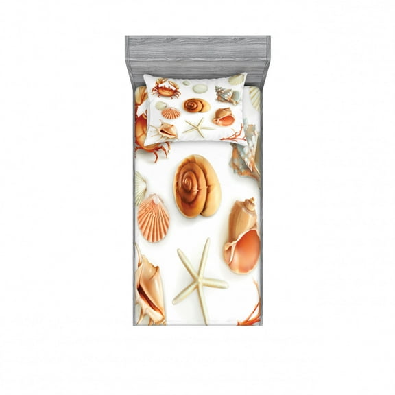 Ambesonne Ocean Fitted Sheet & Pillow Sham Set, Seashells Marine Aquatic, Twin, Tan Cream