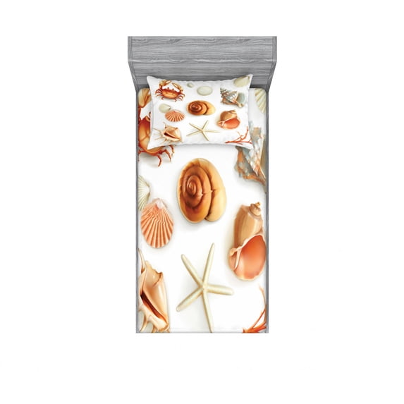 Ambesonne Ocean Fitted Sheet & Pillow Sham Set, Seashells Marine Aquatic, Twinxl, Tan Cream