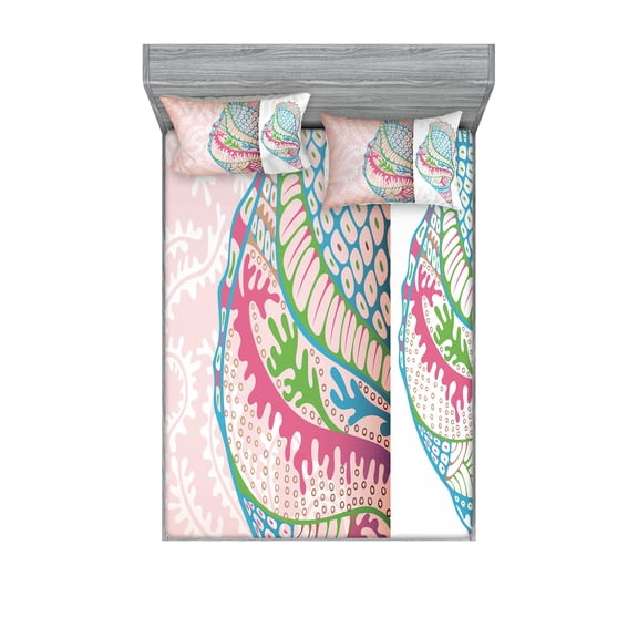 Ambesonne Ocean Fitted Sheet & Pillow Sham Set, Seashells Ornate Vivid, Full, Pink Blue Green