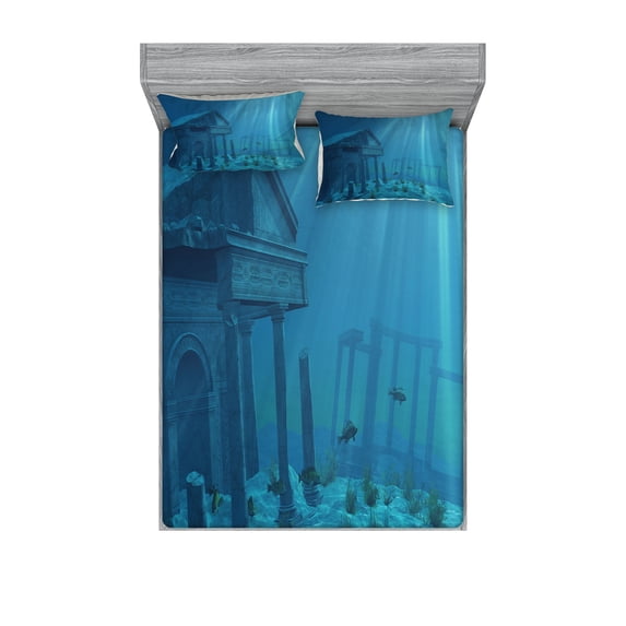 Ambesonne Ocean Fitted Sheet & Pillow Sham Set, Sun Rays over Ruins Sea, Full, Teal