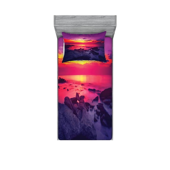 Ambesonne Ocean Fitted Sheet & Pillow Sham Set, Sunset over Sea Cloudy, Twinxl, Purple Yellow Red