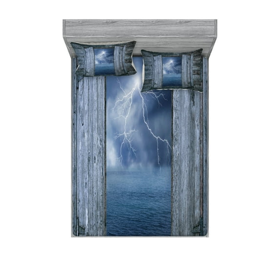 Ambesonne Ocean Fitted Sheet & Pillow Sham Set, Thunder Bolt at Night, Full, Blue Grey
