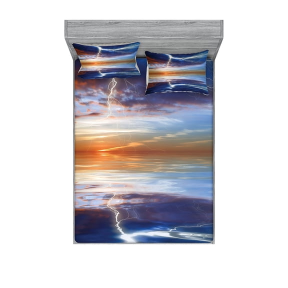 Ambesonne Ocean Fitted Sheet & Pillow Sham Set, Thunder over Sea Storm, Full, Orange Blue