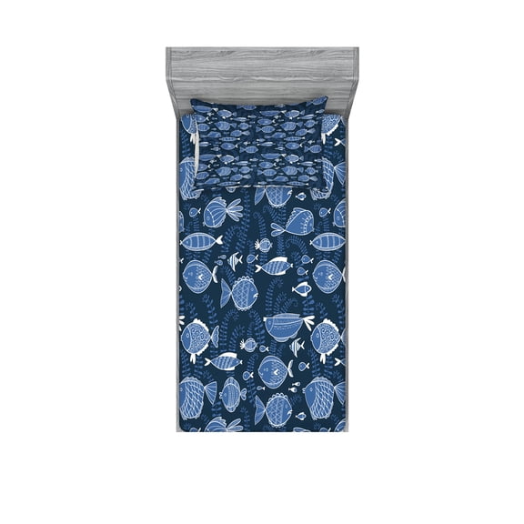 Ambesonne Ocean Fitted Sheet & Pillow Sham Set, Tropic Fish Moss Leaves, Twin, Blue Indigo Royal Blue