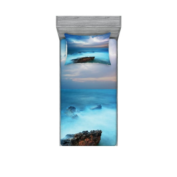 Ambesonne Ocean Fitted Sheet & Pillow Sham Set, Tropic Sea Storm, Twin, Turquoise