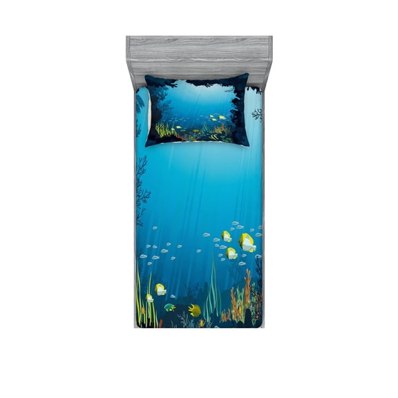 Ambesonne Ocean Fitted Sheet & Pillow Sham Set, Tropical Fishes and Reefs, Twinxl, Dark Blue