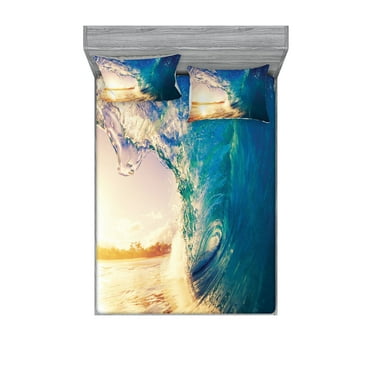 Ambesonne Ocean Fitted Sheet & Pillow Sham Set, Tropical Trees Shoreline, Queen, Teal Yellow