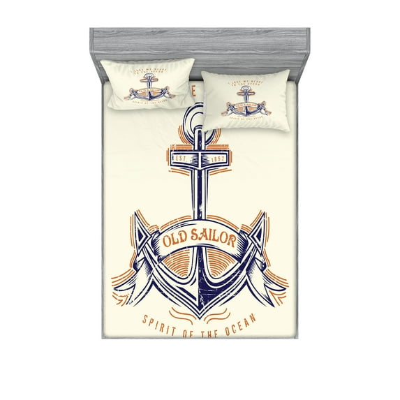 Ambesonne Ocean Fitted Sheet & Pillow Sham Set, Vintage Style Anchor Sign, Full, Orange Blue Yellow