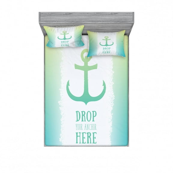 Ambesonne Ocean Fitted Sheet & Pillow Sham Set, Words Green Ombre Anchor, Full, Green White