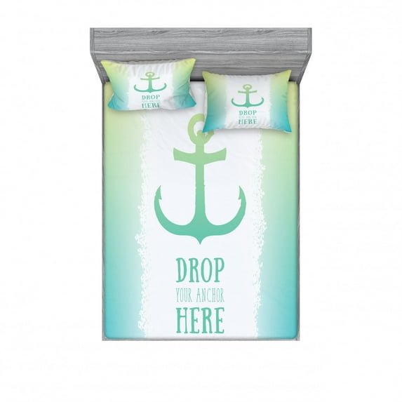 Ambesonne Ocean Fitted Sheet & Pillow Sham Set, Words Green Ombre Anchor, Full, Green White