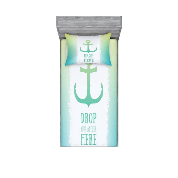 Ambesonne Ocean Fitted Sheet & Pillow Sham Set, Words Green Ombre Anchor, Twin, Green White