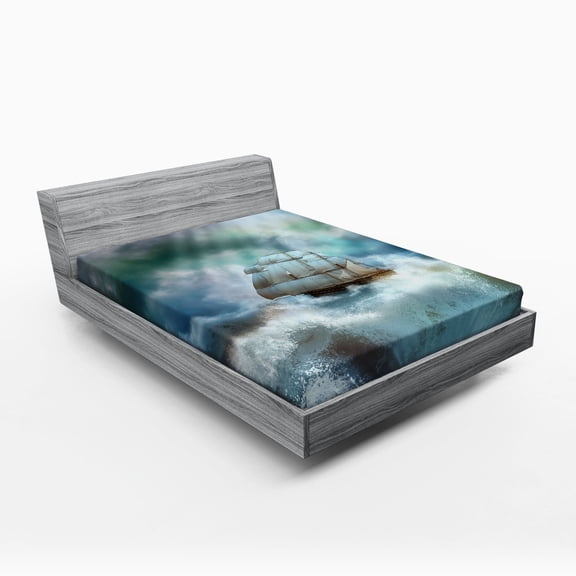 Ambesonne Ocean Fitted Sheet, Pirate Ship on Wavy Sea, Full Size, Blue Grey and White