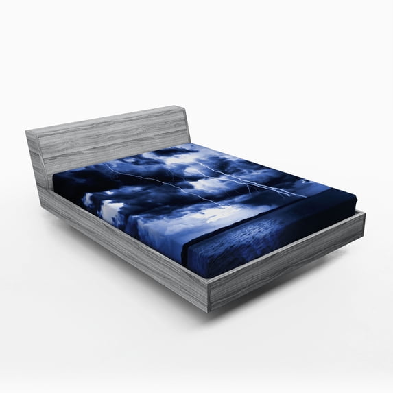 Ambesonne Ocean Fitted Sheet, Rain Clouds Storm Rays, Full Size, Blue