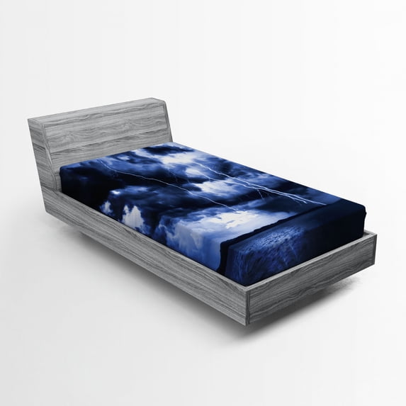 Ambesonne Ocean Fitted Sheet, Rain Clouds Storm Rays, Twin Size, Blue