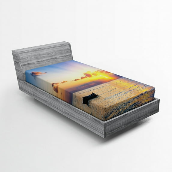 Ambesonne Ocean Fitted Sheet, Rising Sun Sea Maldives, Twin Size, Blue Coral Yellow