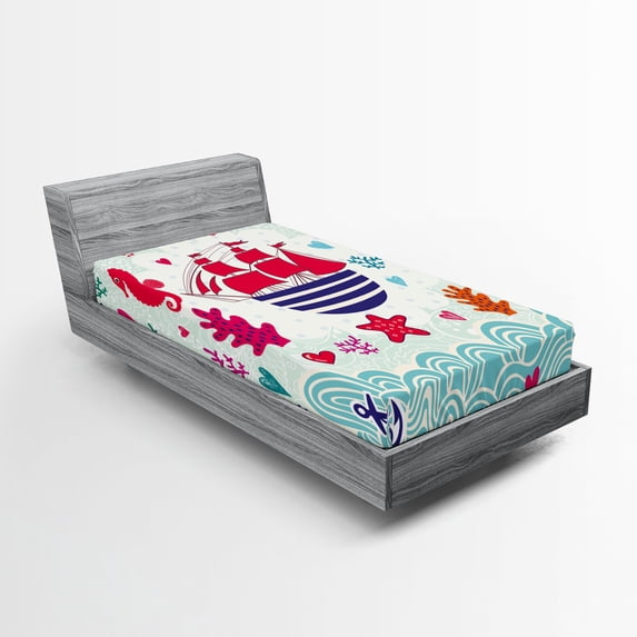 Ambesonne Ocean Fitted Sheet, Sailing Ship Anchor Sea, Twin XL Size, Red and Turquoise