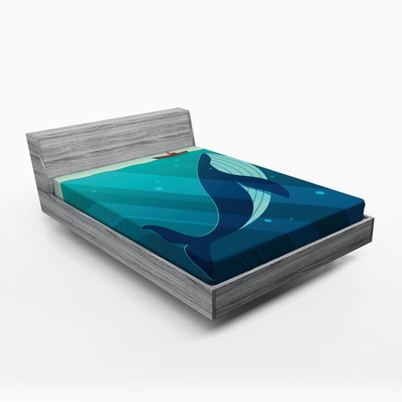 Ambesonne Ocean Fitted Sheet, Sailor Whale with Rays, Full Size, Blue and White