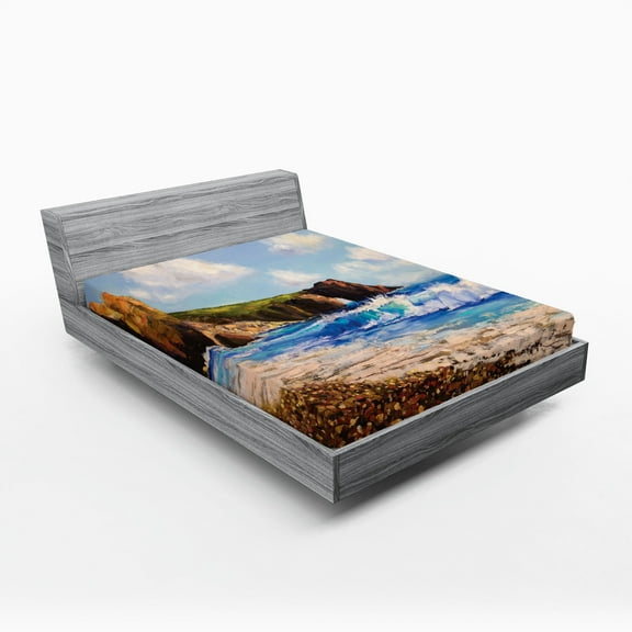 Ambesonne Ocean Fitted Sheet, Sea Coast by Beach Rock, Full Size, Blue Brown White