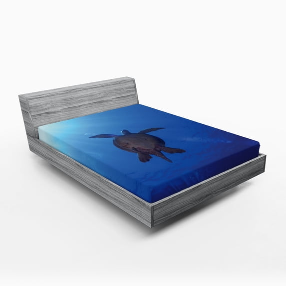 Ambesonne Ocean Fitted Sheet, Sea Turtle in Deep Sea, Queen Size, Aqua Navy Brown