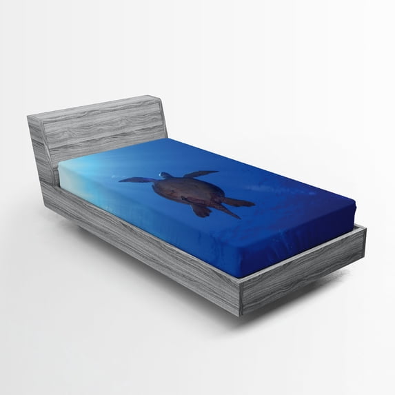 Ambesonne Ocean Fitted Sheet, Sea Turtle in Deep Sea, Twin Size, Aqua Navy Brown