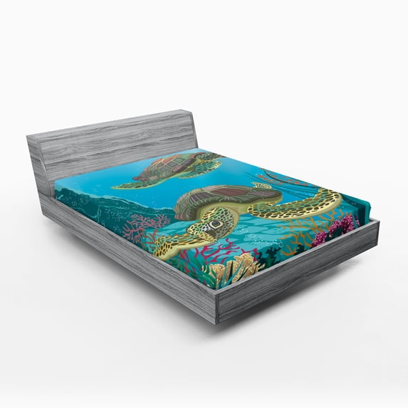 Ambesonne Ocean Fitted Sheet, Sealife Turtles Aquatic, Full Size, Multicolor