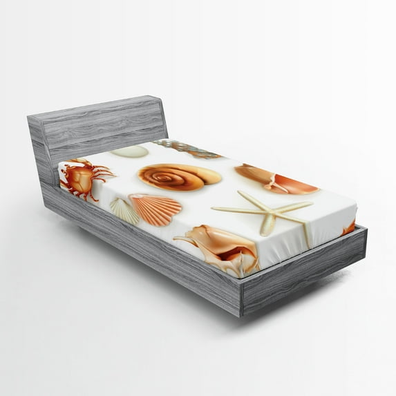 Ambesonne Ocean Fitted Sheet, Seashells Marine Aquatic, Twin Size, Tan Cream