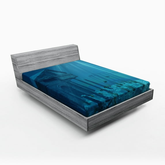 Ambesonne Ocean Fitted Sheet, Sun Rays over Ruins Sea, Queen Size, Teal