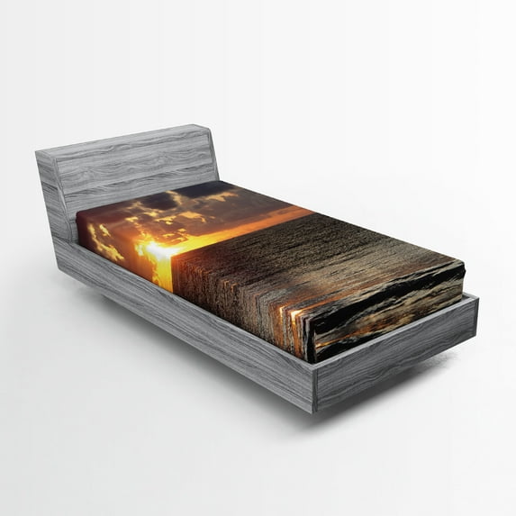 Ambesonne Ocean Fitted Sheet, Sunrise Clouds Cancun, Twin XL Size, Blue Grey Orange Yellow