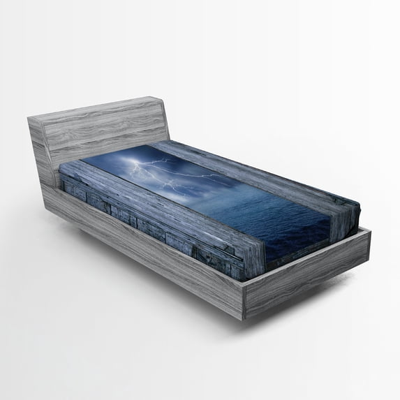 Ambesonne Ocean Fitted Sheet, Thunder Bolt at Night, Twin XL Size, Blue Grey