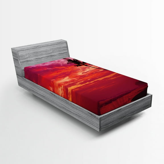 Ambesonne Ocean Fitted Sheet, Tropical Island Beach Palms, Twin XL Size, Red