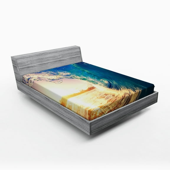 Ambesonne Ocean Fitted Sheet, Tropical Trees Shoreline, Full Size, Teal Yellow